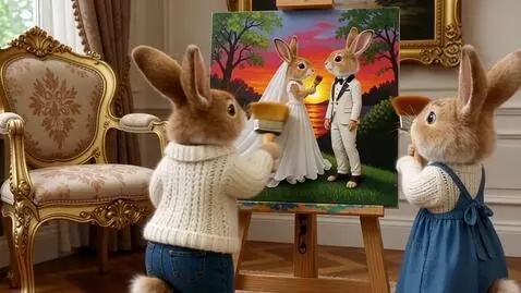 AI Video from prompt: Два милых пушистых зайца на задних лапах. Он в б