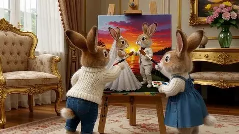 AI Video from prompt: Два милых пушистых зайца на задних лапах. Он в б