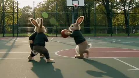 AI Video from prompt: Two rabbits are playing basketball on a sunlit c