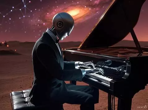 AI Video from prompt: A humanoid robot sits at a grand piano in a diml