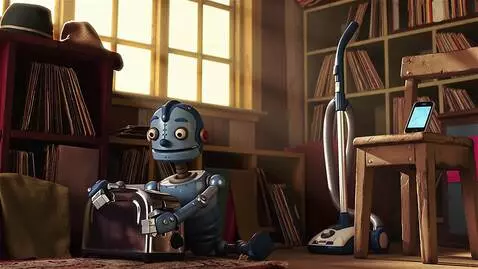 AI Video from prompt: A claymation-style humanoid robot wakes up in a 