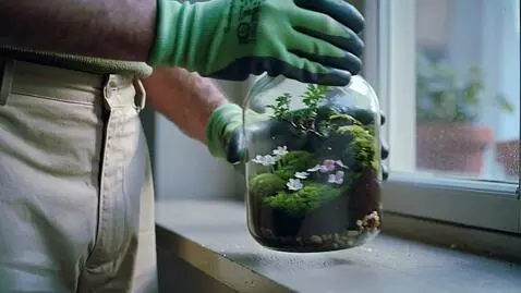 AI Video from prompt: A man wearing gardening gloves opens an old glas