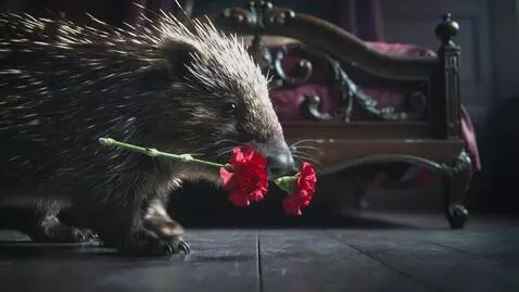 AI Video from prompt: Очень Крупный план: дикобраз несёт в пасти две к