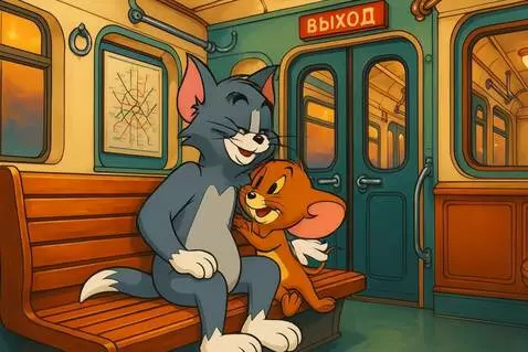 AI Video from prompt: Tom and Jerry are riding the Moscow metro, sitti