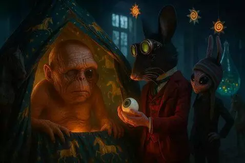 AI Video from prompt: Rat hands old man eyeball. Old man takes eyeball