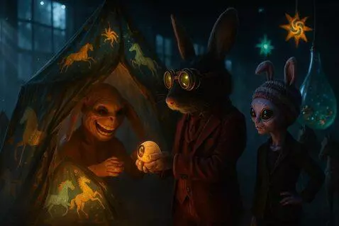 AI Video from prompt: Rat gives eyeball to creature in tent. Creature 