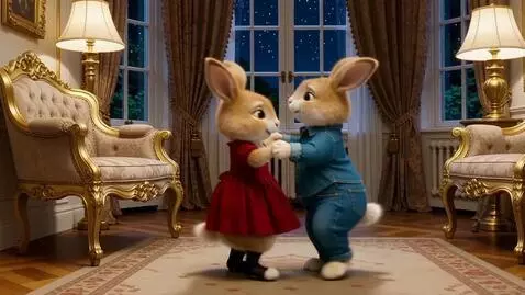 AI Video from prompt: Два милых пушистых зайца на задних лапах она в к