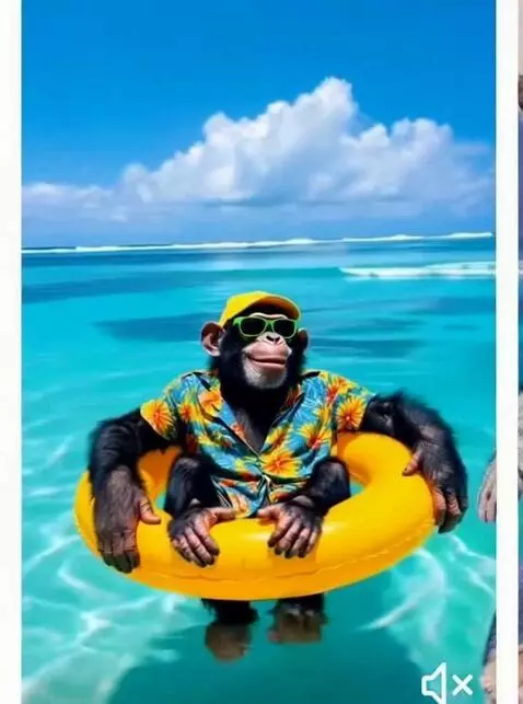 AI Video from prompt: Maimuța se plimbă veselă,ușor cu colacul pe apă,