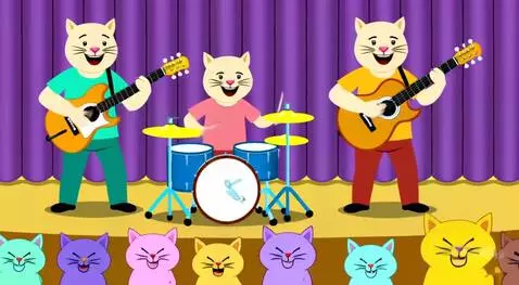 AI Video from prompt: In a whimsical cartoon scene, a band of cats dre