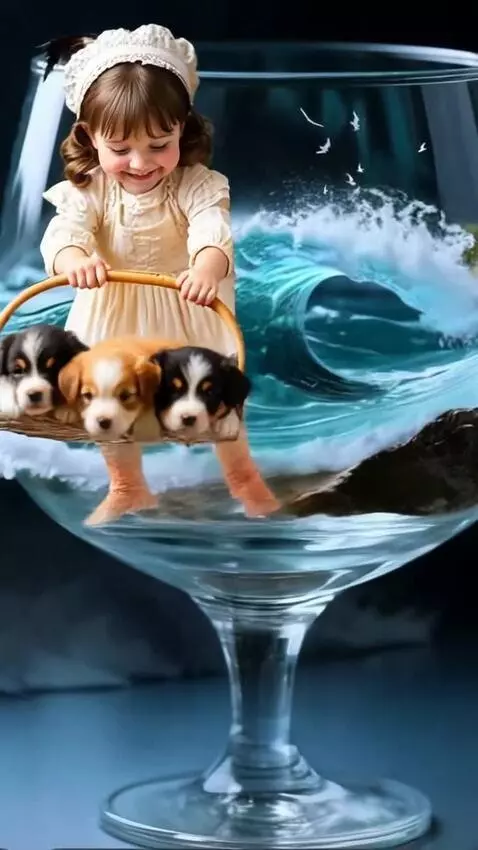 AI Video from prompt: Fetița reală ridică ușor de coș să nu se ude căț