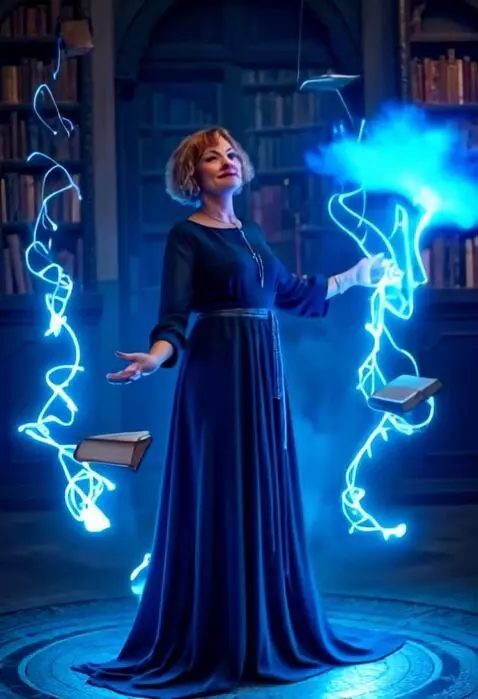 AI Video from prompt: женщина делает взмах и голубое свечение рассыпае