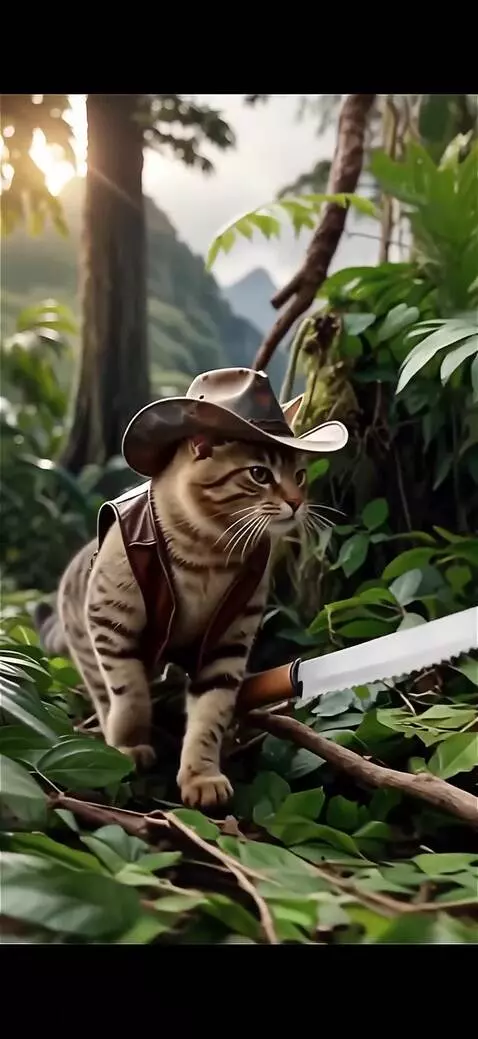 AI Video from prompt: Кот с мачете в лапе находит затерянную пещеру