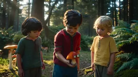 AI Video from prompt: The boy picks up a mushroom with eyes and shows 