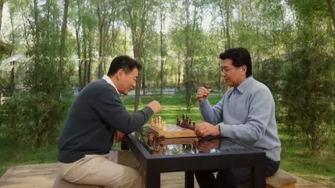 AI Video from prompt: Two men in fourties playing chess in a big garde