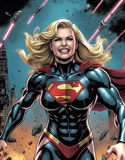 AI Video from prompt: Supergirl flying, lasers beam and explosion back