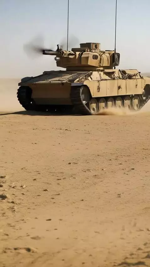 AI Video from prompt: In 9:16 aspect ratio. A ground combat drone is s