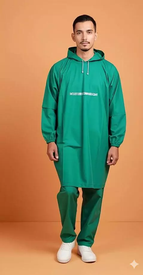 AI Video from prompt: "A man showcasing a raincoat suit while walking 