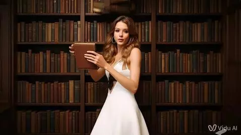 AI Video from prompt: Девушка берёт с книжного стеллажа одну книгу и н