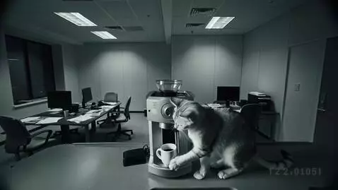 AI Video from prompt: "Grainy black-and-white CCTV from deserted offic