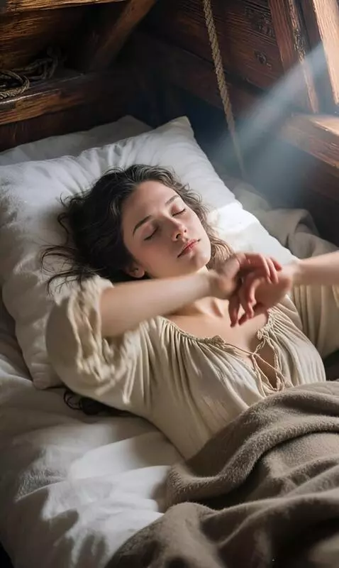 AI Video from prompt: A young woman slowly wakes up and stretches, the