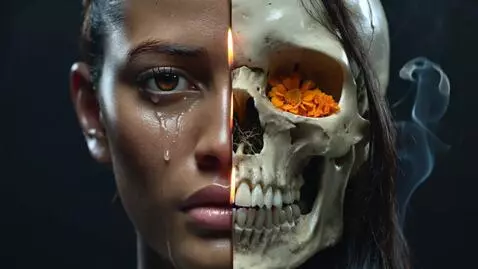 AI Video from prompt: Extreme close-up of a Latina statue face with bl