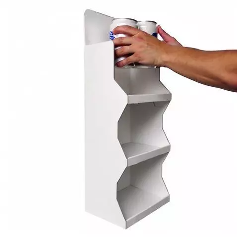 AI Video from prompt: a standing person puts brandless white cans one 