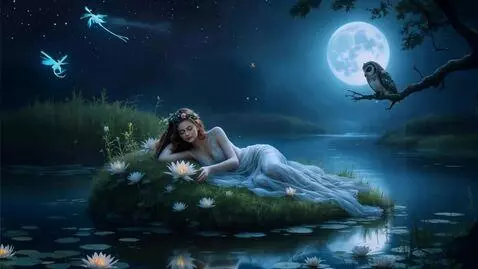 AI Video from prompt: The river flows slowly, the moonlit path sparkle