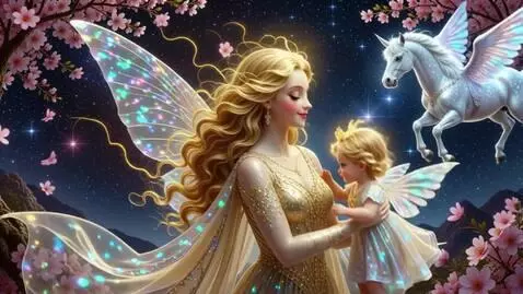 AI Video from prompt: A divinely beautiful nymph with long, golden, wa