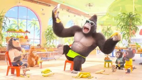 AI Video from prompt: A goofy, oversized gorilla sits cross-legged in 