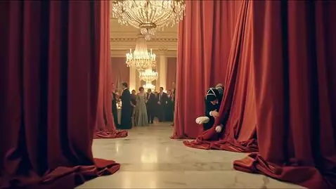 AI Video from prompt: Action (8s): Sherlock hides behind heavy velvet 