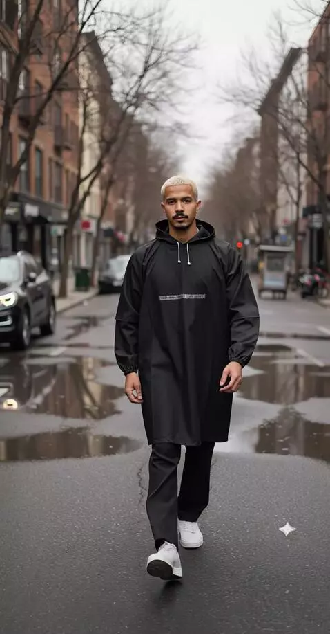 AI Video from prompt: A man showcasing a raincoat suit while walking f