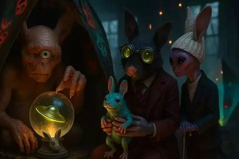 AI Video from prompt: Hairless creature moves hand over crystal ball, 