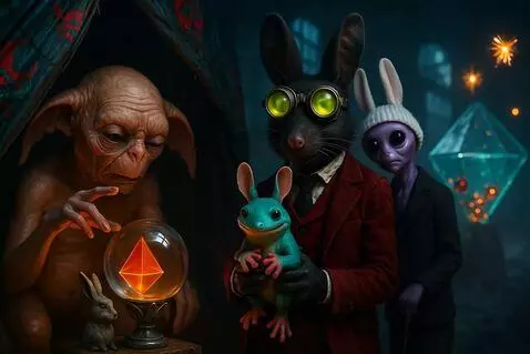 AI Video from prompt: Hairless creature moves hand over crystal ball, 