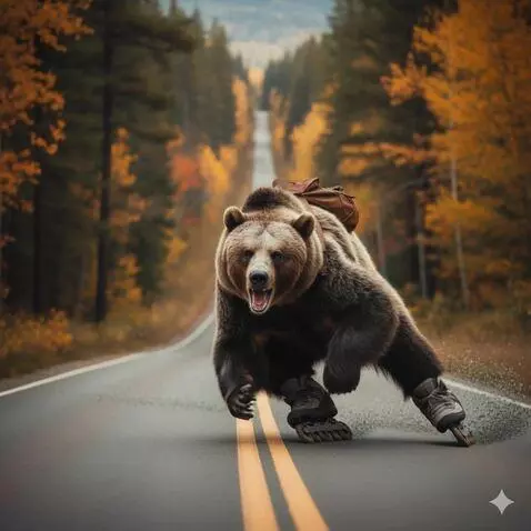 AI Video from prompt: Grizzly bear skating down a hill super fast carv