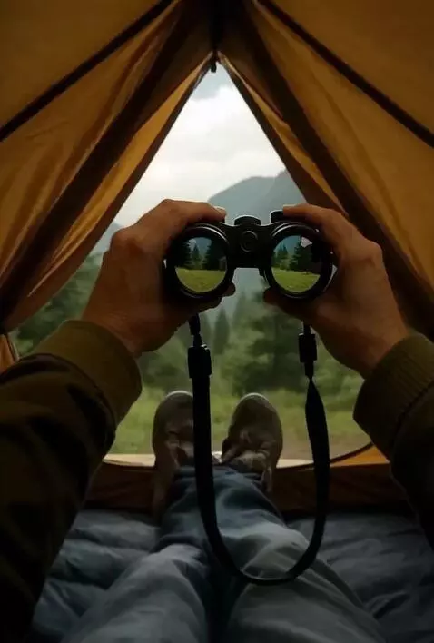 AI Video from prompt: правой рукой поднимает бинокль и смотрит вдаль. 