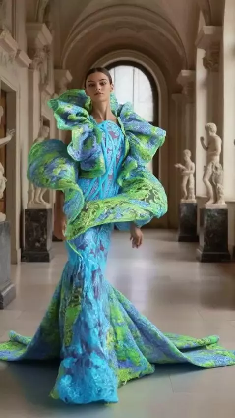 AI Video from prompt: Defilează elegant,apoi face o piruetă suavă.