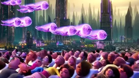 AI Video from prompt: cientos de almas en esencia lila volviendo volan