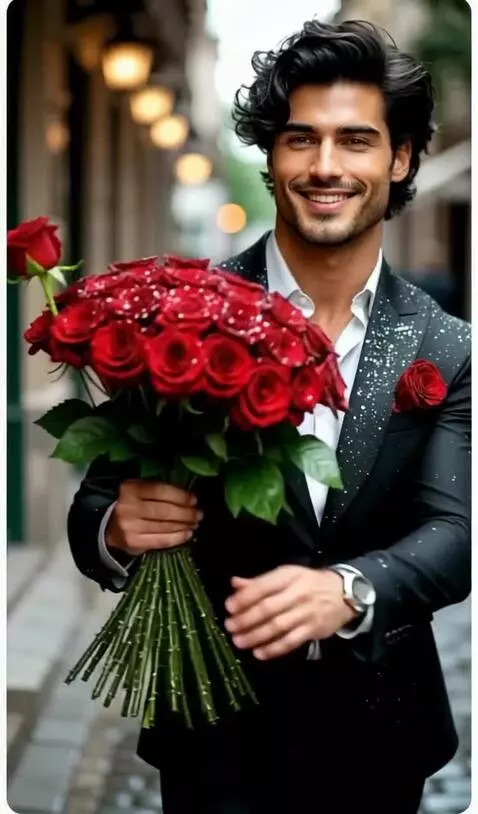 AI Video from prompt: Мужчина  улыбается и дарит цветы и поцелуй