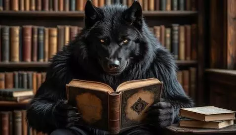 AI Video from prompt: Black werewolf reads book turning page