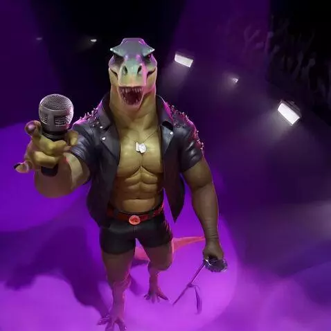 AI Video from prompt: T-rex dude standing proud smile on the stage loo