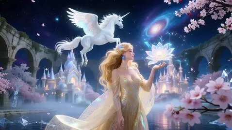 AI Video from prompt: A winged white unicorn flutters above them, flap