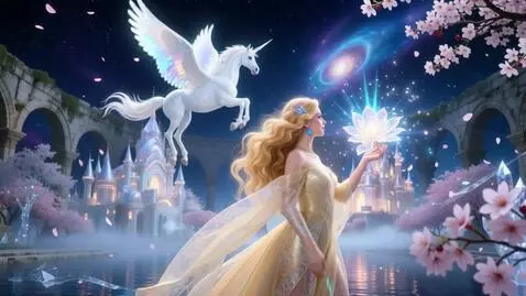 AI Video from prompt: A winged white unicorn flutters above a nymph, f