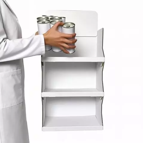 AI Video from prompt: a person puts brandless white  cans to the shelv