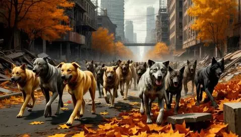 AI Video from prompt: Bunch of hungry dogs run down street