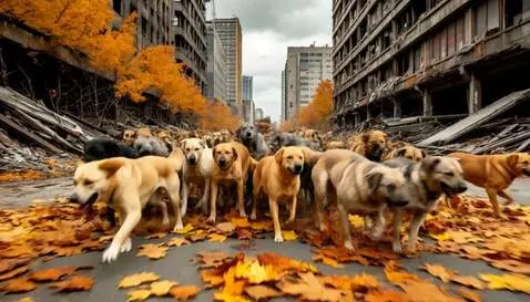 AI Video from prompt: Bunch of hungry dogs move back in horror and sta