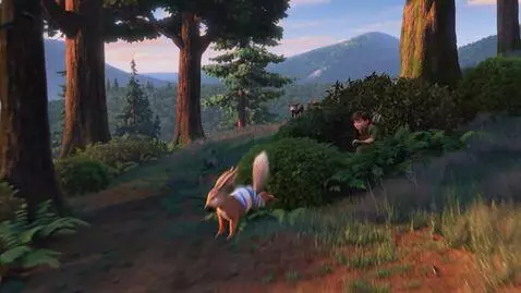 AI Video from prompt: лес,заяц одетый в шорты в полосочку , с охотнико