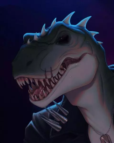 AI Video from prompt: T-rex dude standing looking around smile at the 