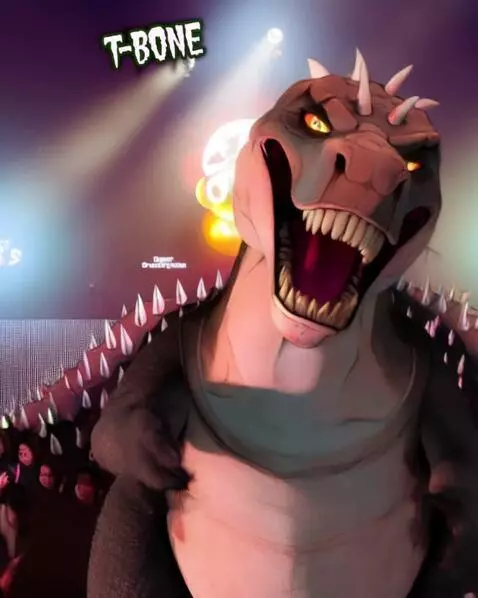 AI Video from prompt: T-rex dude with a smile looking around being nic