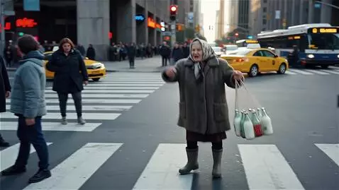 AI Video from prompt: Старая бабка с авоськой с бутылками молока идёт 