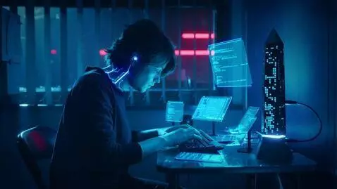 AI Video from prompt: Interior of a cyberpunk club room for hackers, p